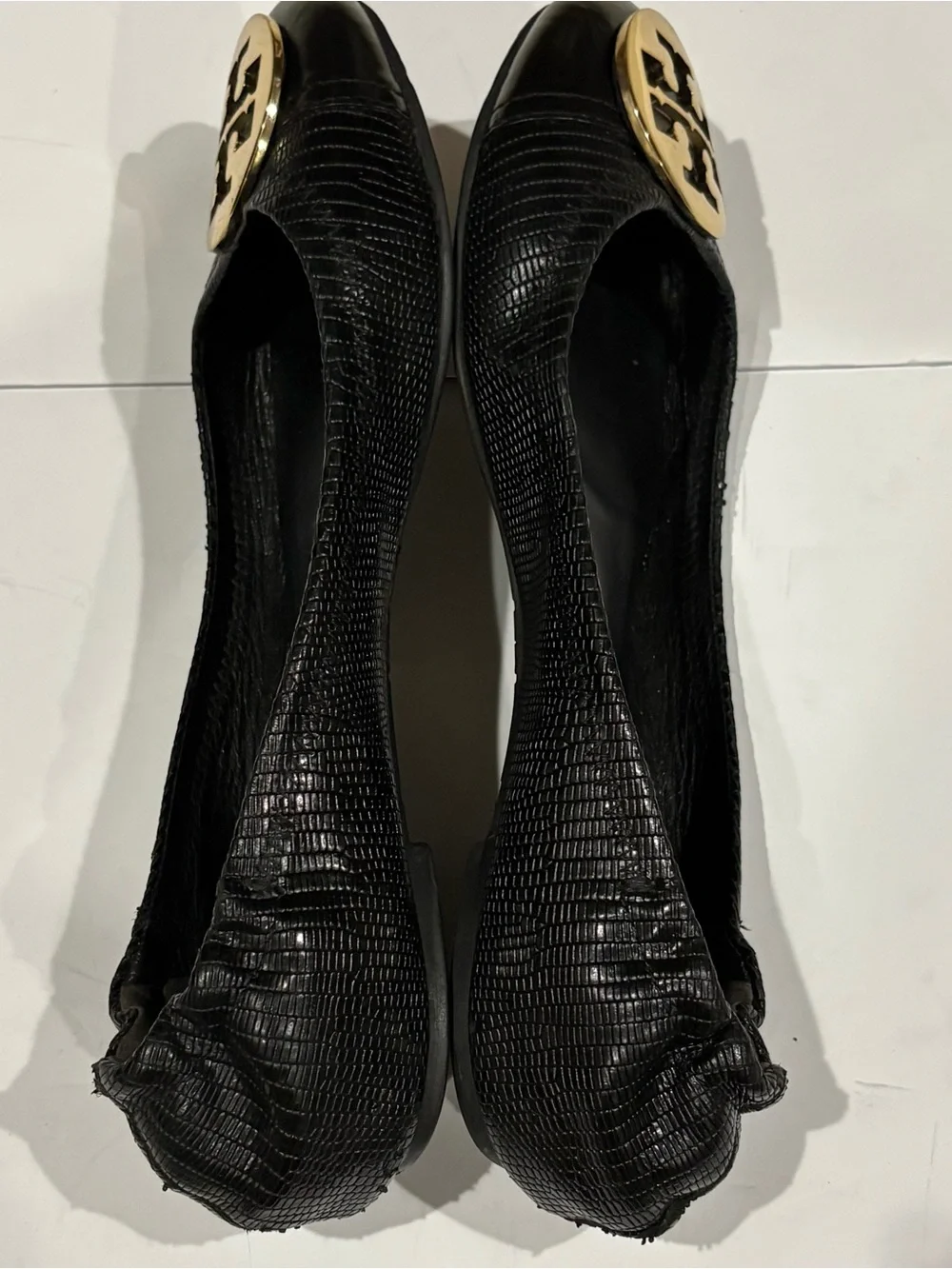 Tory Burch Black Leather Logo Cap-Toe Ballet Flats with Gold Emblem